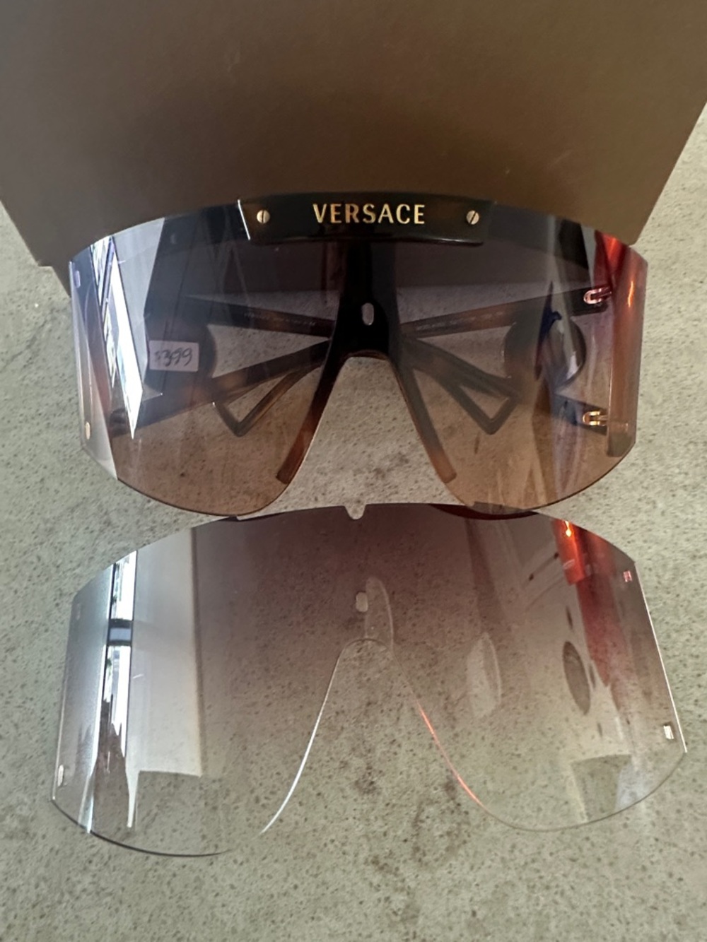 Versace Oversized Shield Sunglasses in Brown Gradient with Gold Logo